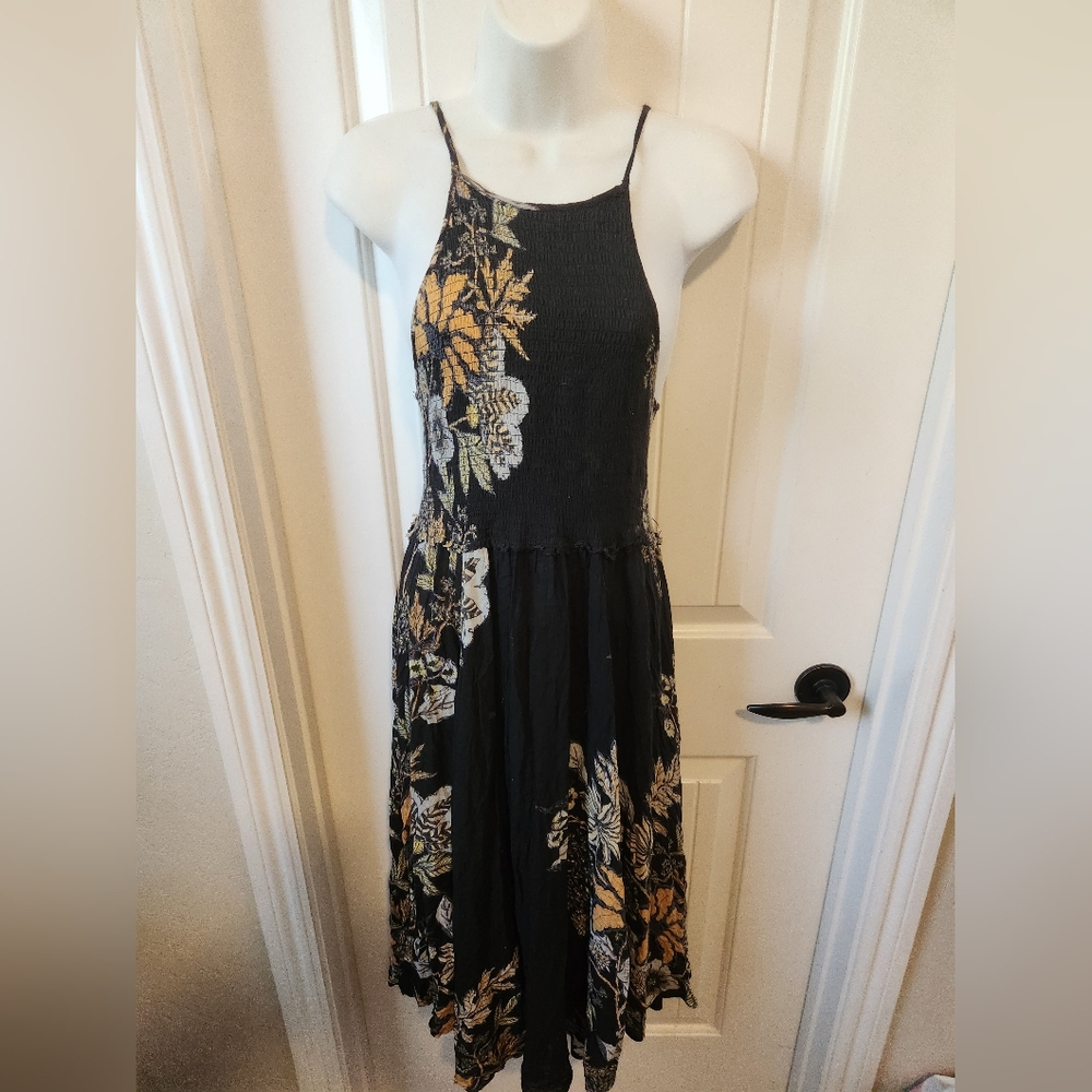 Free People Black Floral Midi Dress with Mustard and Cream Accents